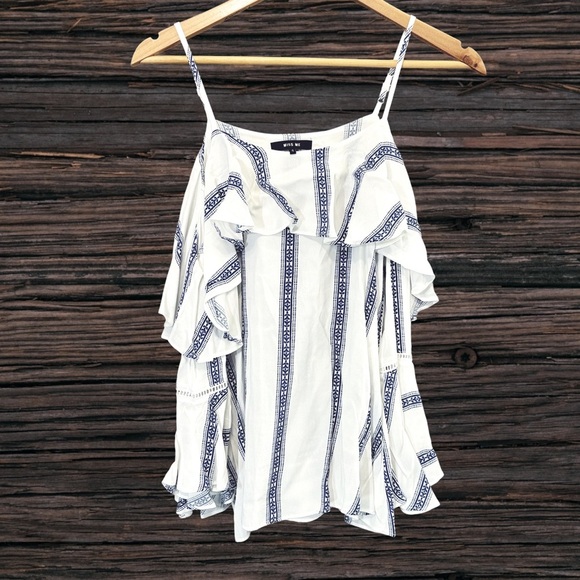 Miss Me White and Blue Ruffled Flutter Sleeve Blouse - Picture 2 of 5